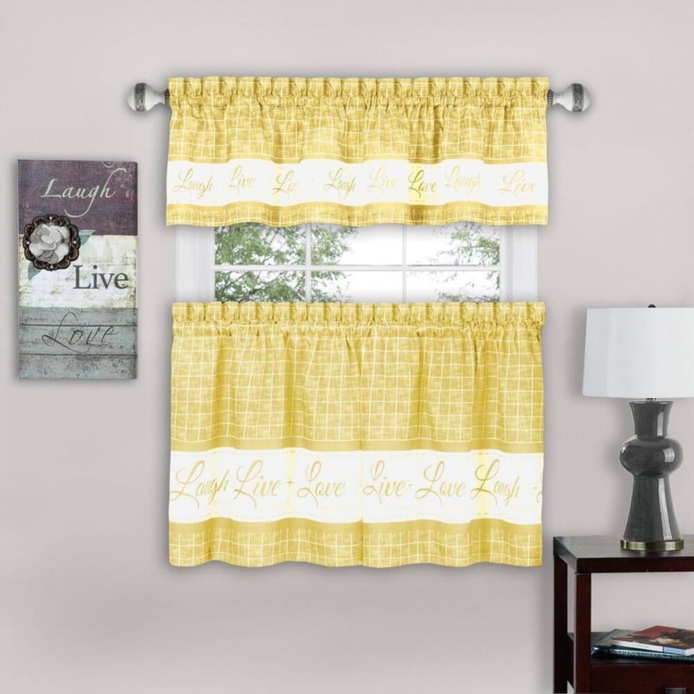 Country Gingham Check Live Laugh Love 3-Piece Cafe Plaid Kitchen Curtain Set